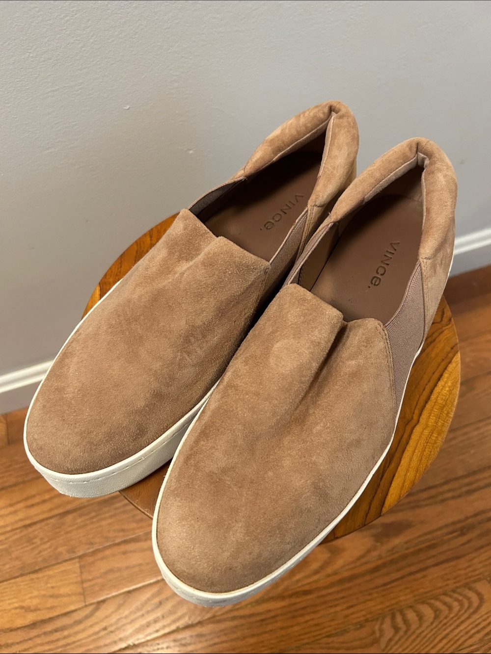 Vince Suede Slip-On Loafers in Tan and White
